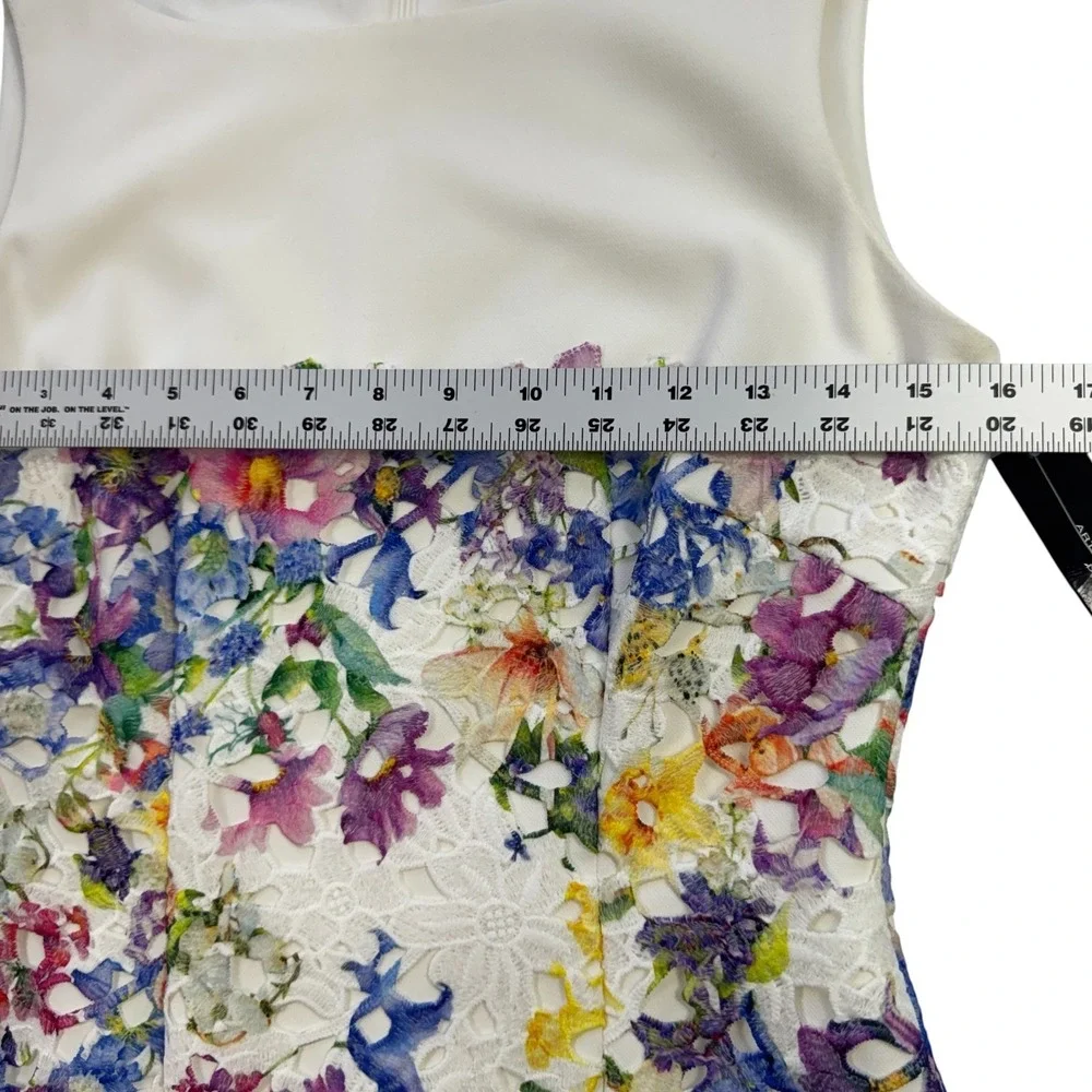 NWT‎ Tahari ASL Floral Lace Sheath Dress Womens 2 Cream Watercolor Pastel Spring